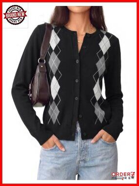 Argyle Cardigan Button Up Knit Sweater for Women Teacher Office